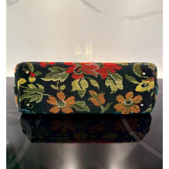 Vintage Carpet Bag Needlepoint Tapestry Structured Satchel Large Floral Black - Picture 6 of 15